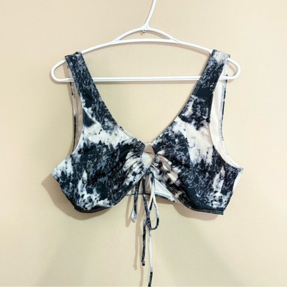 SHEIN Black & White Tye Die Ribbed Bikini Top w Drawstring Cut Out - Picture 1 of 15